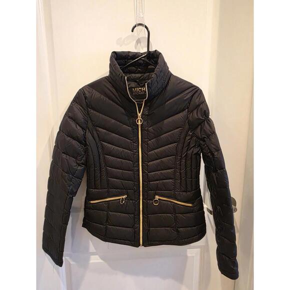 Stunning Michael Kors Black MK Packable Down Puffer Coat Jacket M Gold Details - Picture 1 of 9